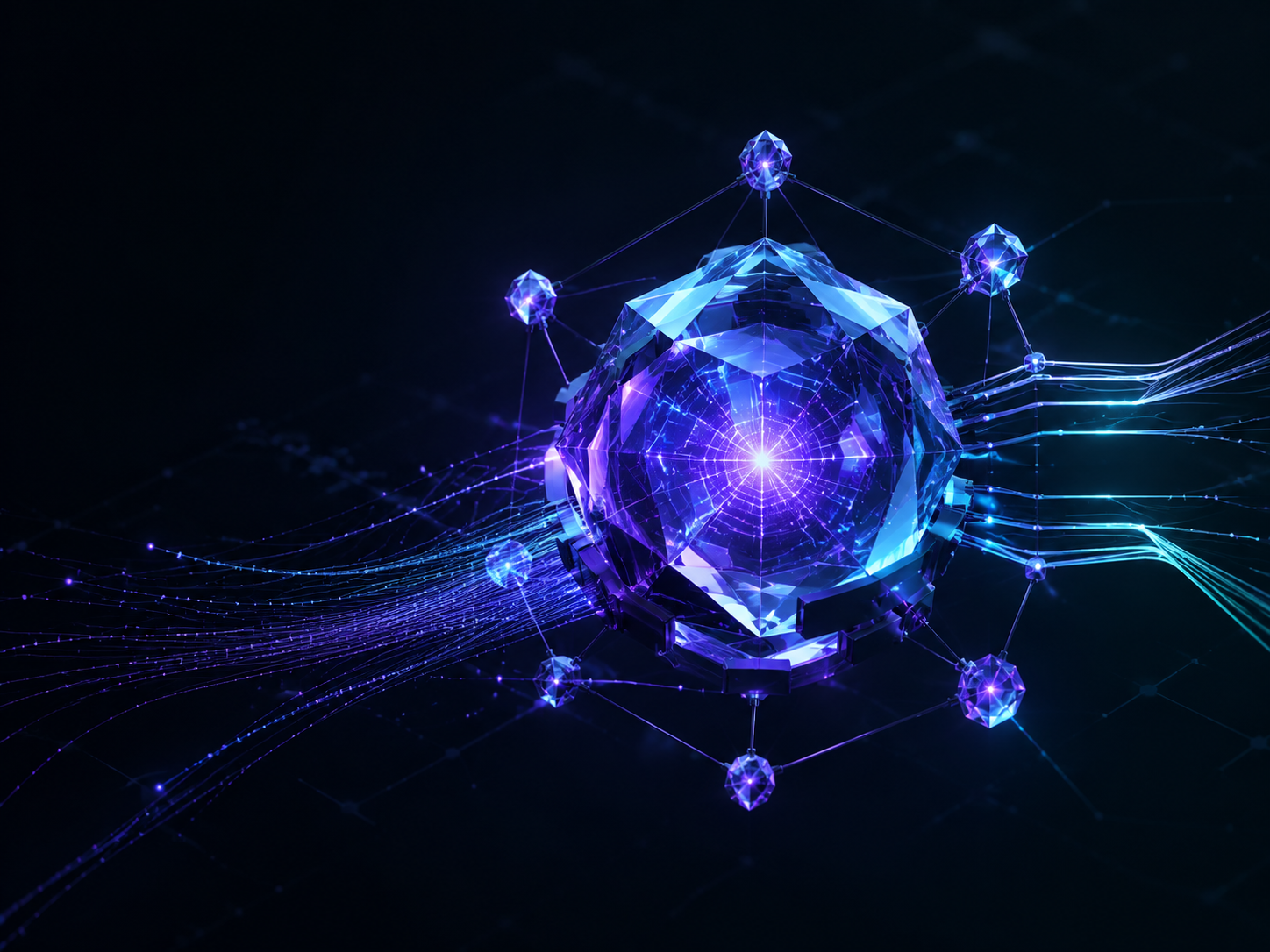 Abstract crystalline intelligence core connected to an on-chain network