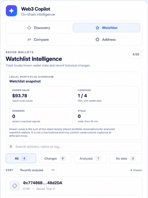 Web3 Copilot Watchlist with saved wallets and a local portfolio snapshot